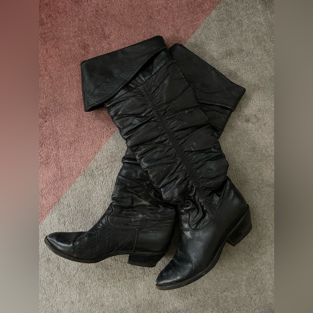 Vintage Black Leather Knee High Cowboy Boots, Size 6.5
